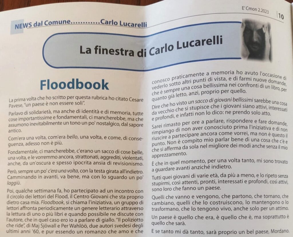 Articolo di Carlo Lucarelli sul Floodbook, il club del libro del Flood di Mordano.